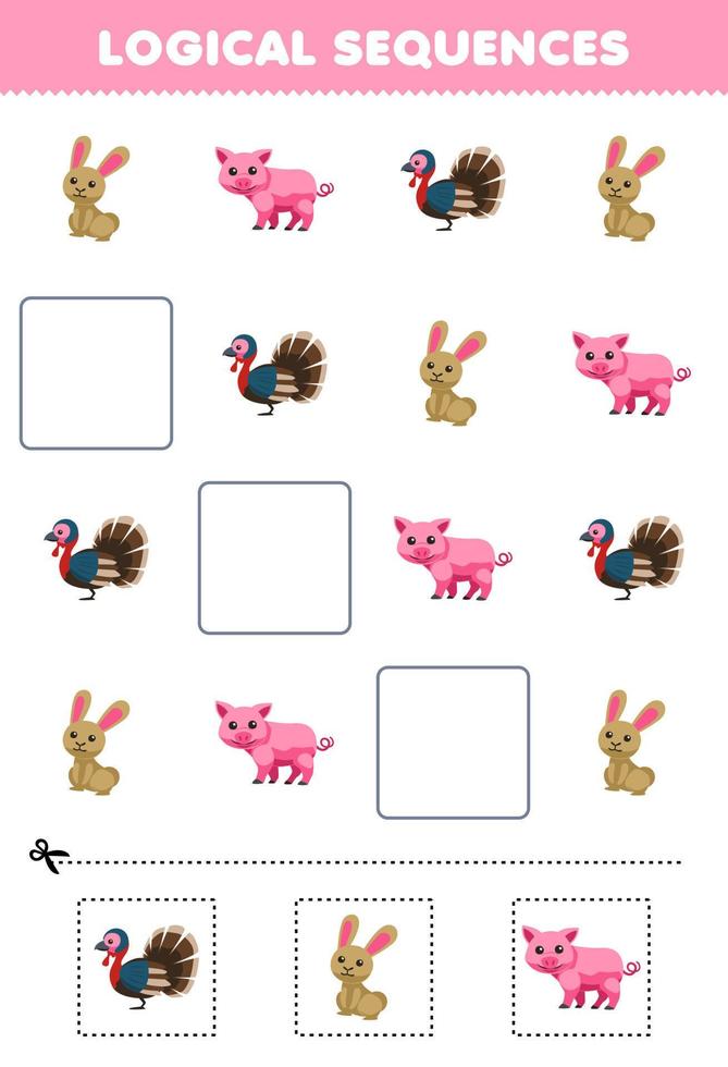 jeu d'éducation pour les enfants séquences logiques pour les enfants avec dessin animé mignon dinde lapin cochon image imprimable feuille de travail de la ferme vecteur