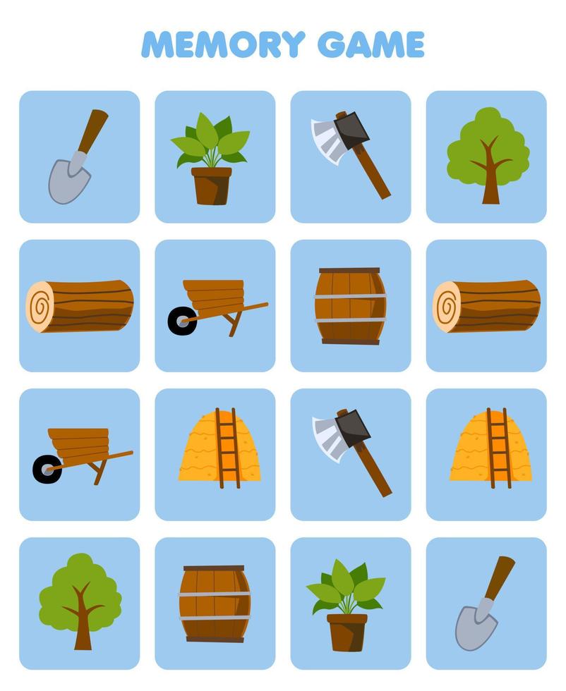 jeu d'éducation pour les enfants mémoire pour trouver des images similaires de dessin animé mignon pelle plante hache arbre bois bûche brouette baril botte de foin feuille de travail agricole imprimable vecteur