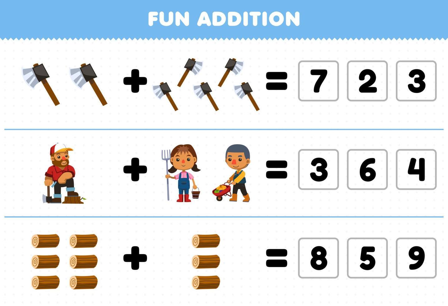 jeu éducatif pour les enfants ajout amusant par deviner le nombre correct de hache de dessin animé mignon bûcheron agriculteur bûche de bois feuille de travail agricole imprimable vecteur