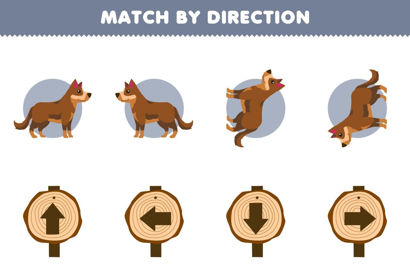 jeu éducatif pour les enfants match par direction gauche droite orientation vers le haut ou vers le bas de la feuille de travail imprimable de la ferme de chien de dessin animé mignon vecteur