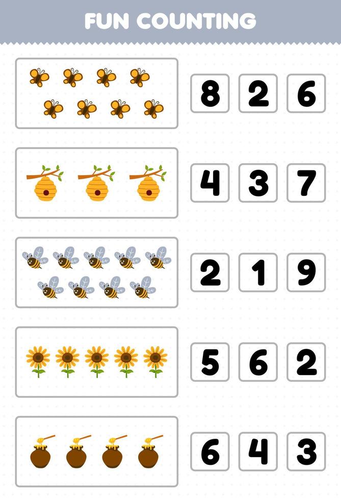 jeu éducatif pour les enfants amusement compter et choisir le bon nombre de dessin animé mignon papillon ruche abeille tournesol miel feuille de travail imprimable de la ferme vecteur