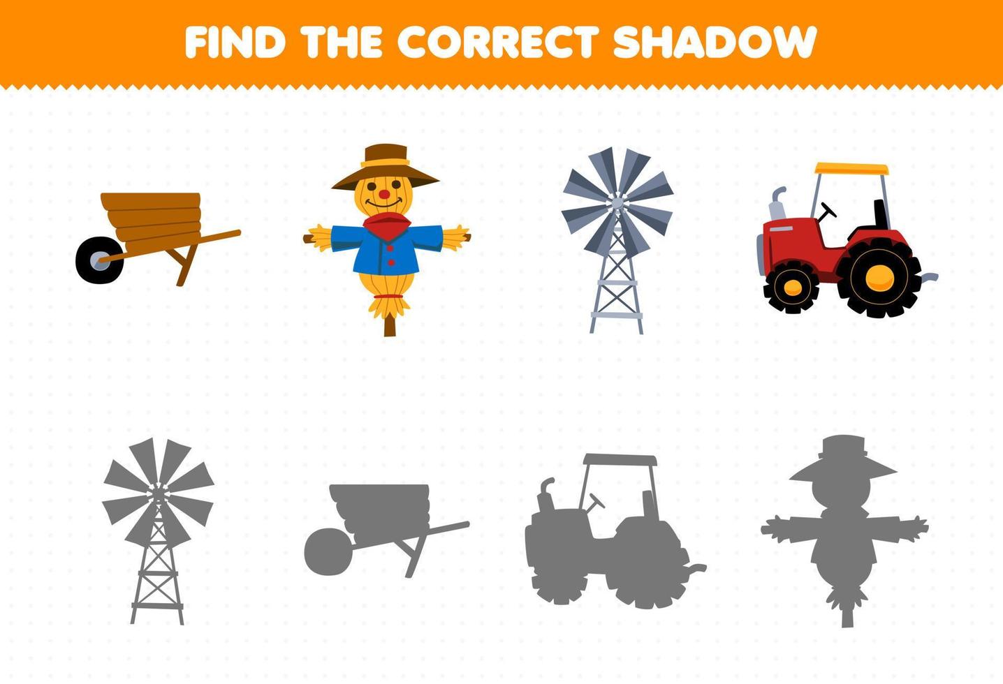 jeu d'éducation pour les enfants trouver l'ombre correcte ensemble de dessin animé mignon brouette épouvantail moulin à vent tracteur feuille de travail agricole imprimable vecteur