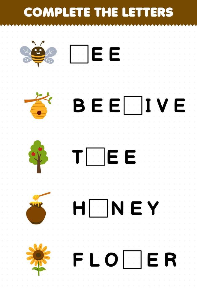 jeu éducatif pour les enfants compléter les lettres de dessin animé mignon abeille ruche arbre miel fleur imprimable ferme feuille de travail vecteur