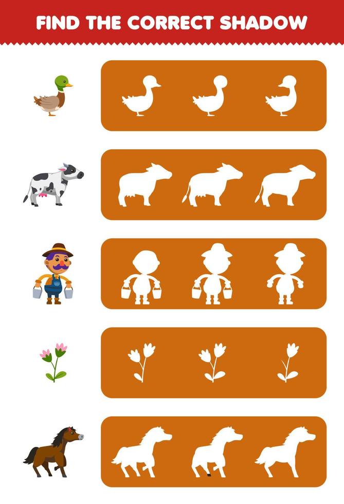 jeu éducatif pour les enfants trouver l'ombre correcte silhouette de dessin animé mignon canard vache agriculteur fleur cheval feuille de travail ferme imprimable vecteur