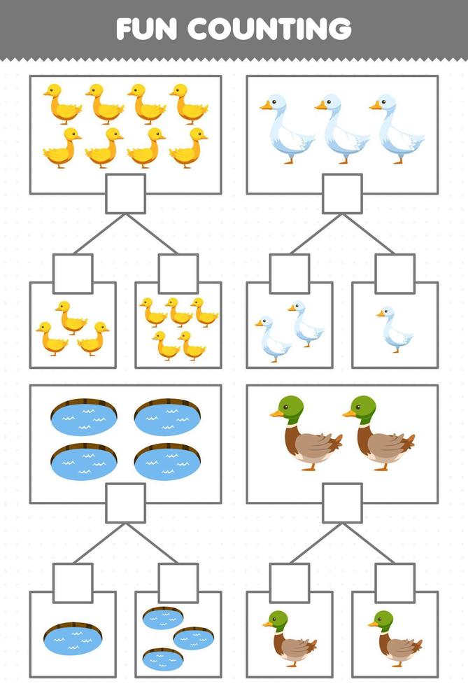 jeu éducatif pour les enfants amusant compter l'image dans chaque boîte de dessin animé mignon canard oie étang imprimable feuille de travail de la ferme vecteur