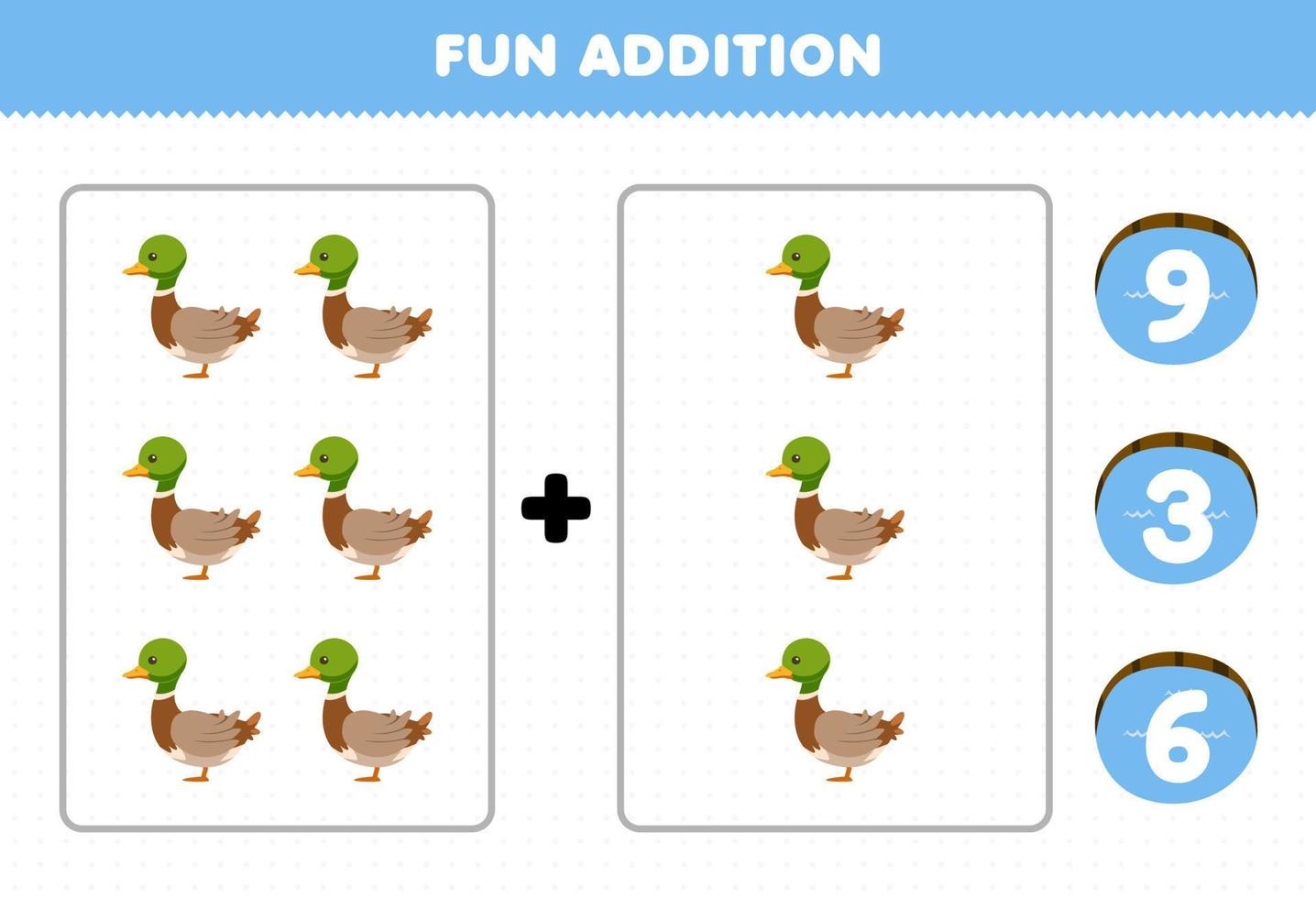 jeu éducatif pour les enfants addition amusante par comptage et choisissez la bonne réponse de feuille de travail de ferme imprimable de canard de dessin animé mignon vecteur