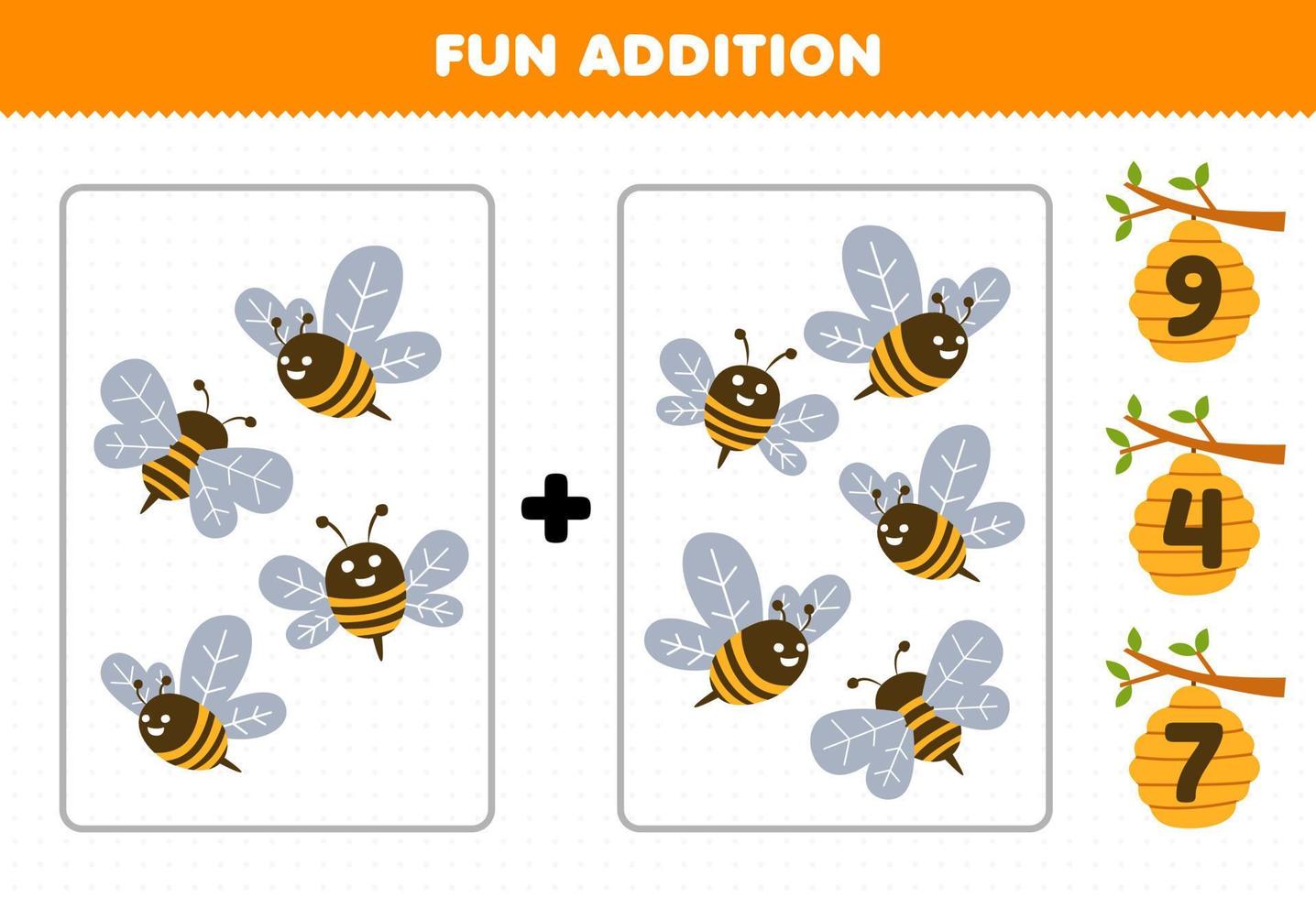 jeu éducatif pour les enfants addition amusante par comptage et choisissez la bonne réponse de la feuille de travail de ferme imprimable d'abeille de dessin animé mignon vecteur