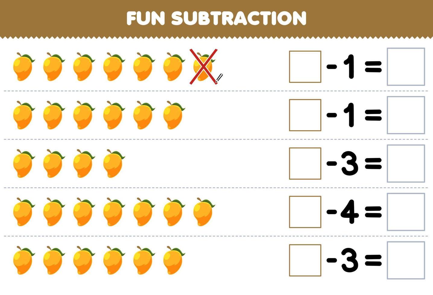 jeu éducatif pour les enfants soustraction amusante en comptant la mangue de dessin animé dans chaque rangée et en l'éliminant feuille de travail imprimable sur les fruits vecteur