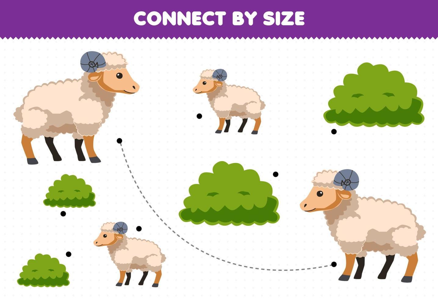 jeu éducatif pour les enfants se connecter par la taille de la feuille de travail de la ferme imprimable de moutons et de buissons de dessin animé mignon vecteur