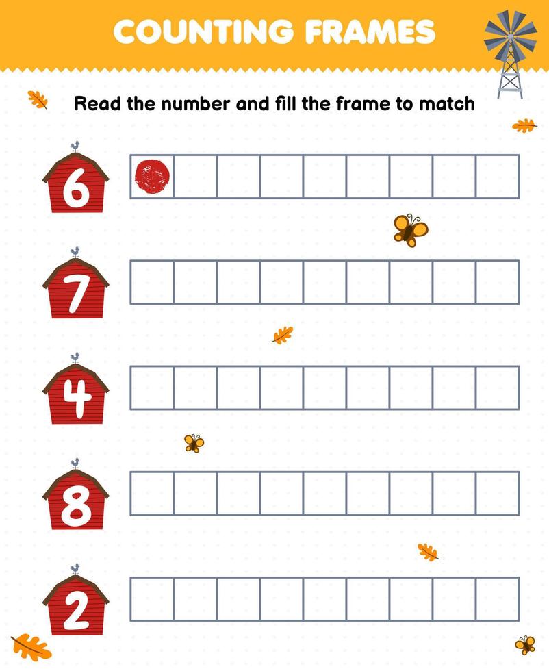 jeu éducatif pour les enfants lisez le nombre et remplissez les cadres de la feuille de travail de ferme imprimable de grange de dessin animé mignon vecteur