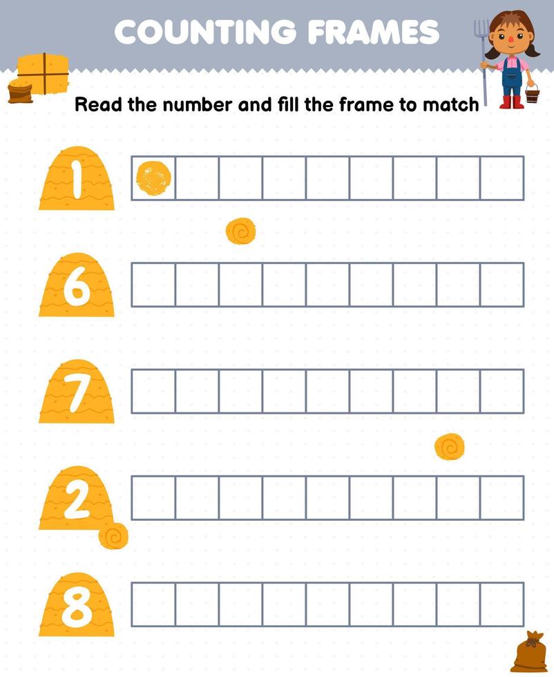 jeu éducatif pour les enfants lisez le nombre et remplissez les cadres de la feuille de travail imprimable de la ferme de la botte de foin de dessin animé mignon vecteur