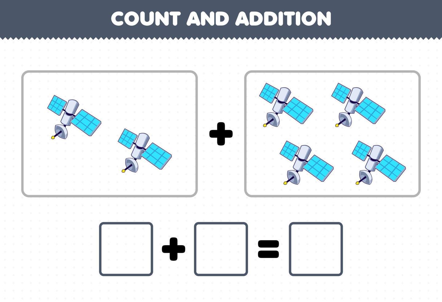 jeu éducatif pour les enfants addition amusante en comptant des images satellites de dessins animés mignons feuille de calcul imprimable du système solaire vecteur