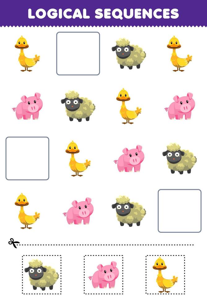 jeu éducatif pour les enfants séquences logiques pour les enfants avec dessin animé mignon canard cochon mouton image imprimable feuille de travail des animaux de la ferme vecteur