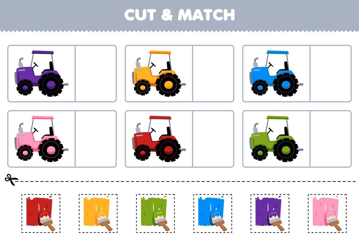 jeu éducatif pour les enfants couper et assortir la même couleur de feuille de travail de ferme imprimable de tracteur de dessin animé mignon vecteur