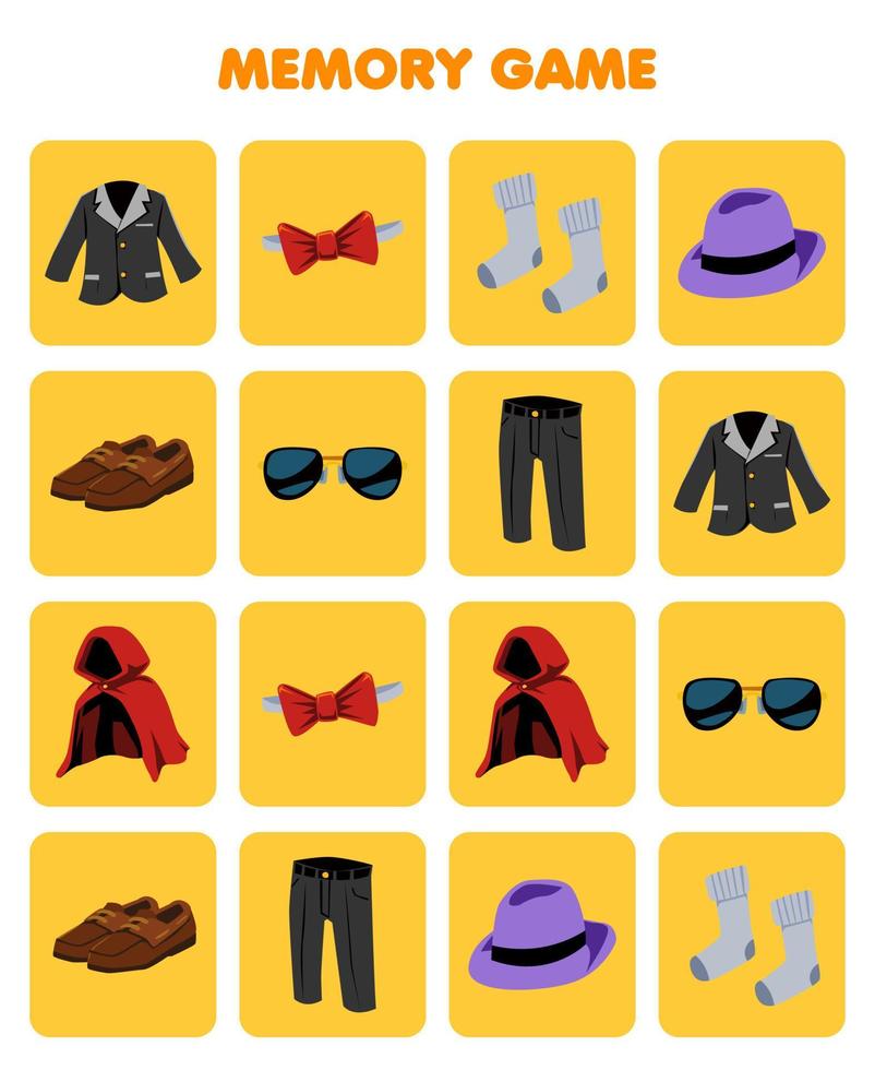 jeu d'éducation pour les enfants mémoire pour trouver des images similaires de dessin animé blazer noeud papillon chaussettes fedora chapeau chaussures lunettes de soleil pantalon cape imprimable vêtements feuille de calcul vecteur