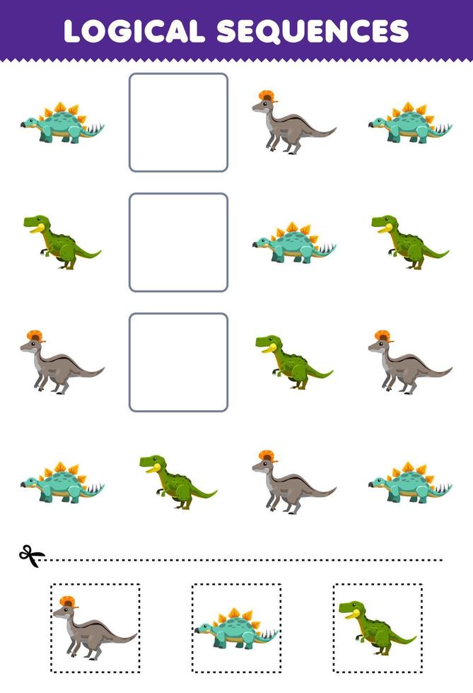 jeu d'éducation pour les enfants séquences logiques pour les enfants avec dessin animé mignon stegosaurus lambeosaurus yangchuanosaurus feuille de travail de dinosaure préhistorique imprimable vecteur