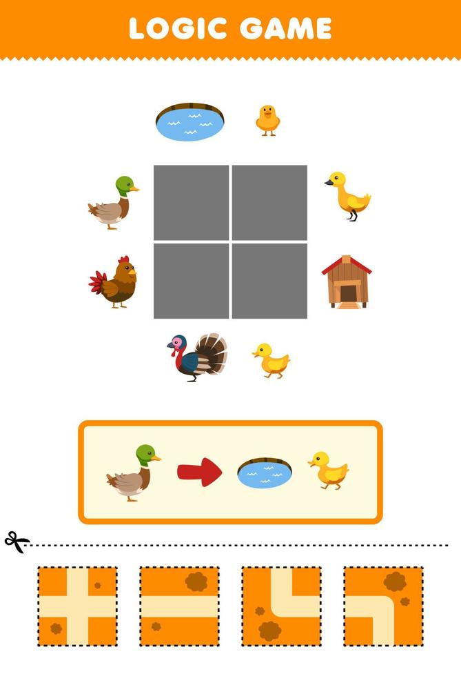 jeu éducatif pour les enfants puzzle logique construire la route pour le canard de dessin animé mignon se déplacer vers l'étang et le caneton feuille de travail imprimable de la ferme vecteur