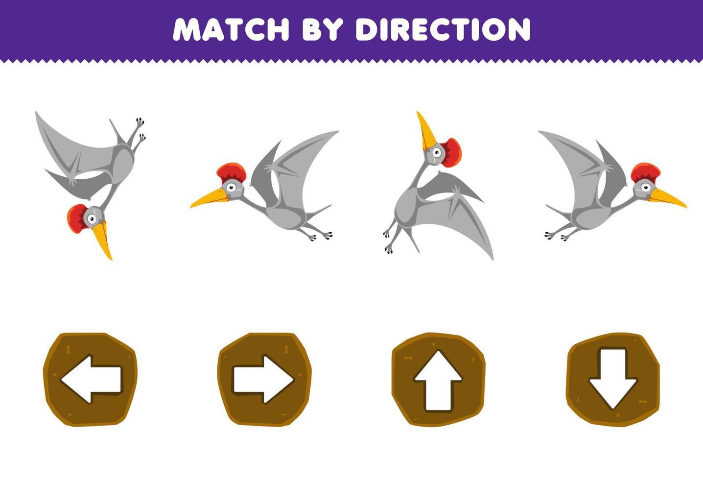 jeu éducatif pour les enfants match par direction gauche droite haut ou bas orientation de dessin animé mignon hatzegopteryx feuille de travail dinosaure préhistorique imprimable vecteur