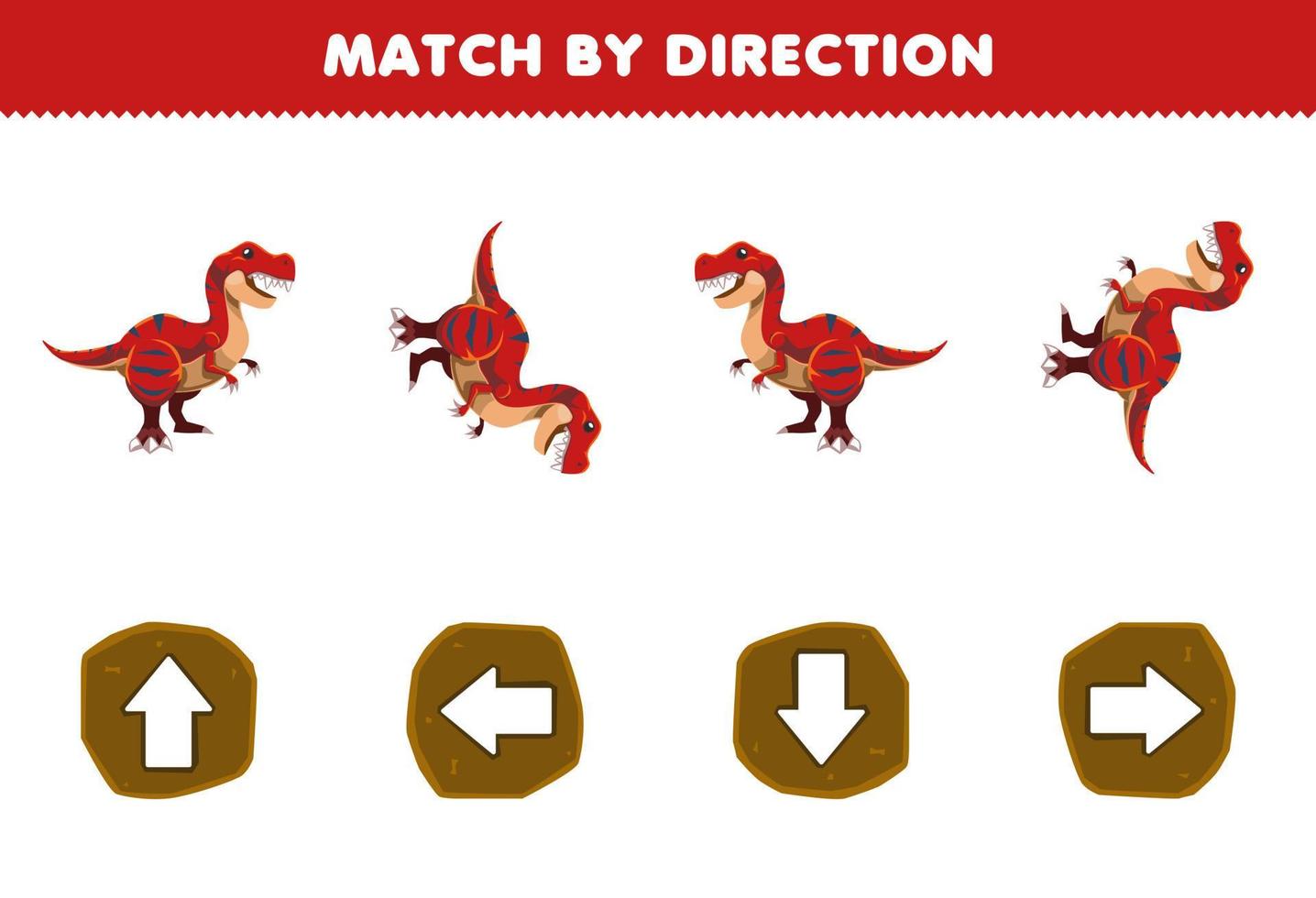 jeu éducatif pour les enfants match par direction gauche droite orientation vers le haut ou vers le bas de la feuille de travail de dinosaure préhistorique imprimable de tyrannosaure de dessin animé mignon vecteur