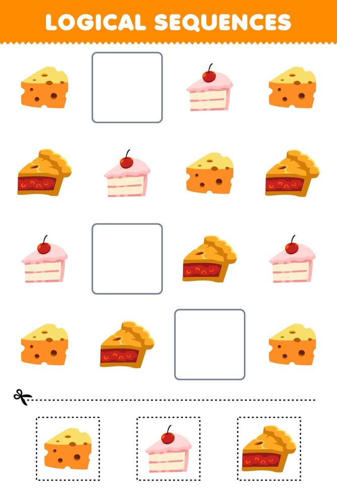 jeu éducatif pour les enfants séquences logiques pour les enfants avec dessin animé mignon gâteau au fromage tarte feuille de travail alimentaire imprimable vecteur