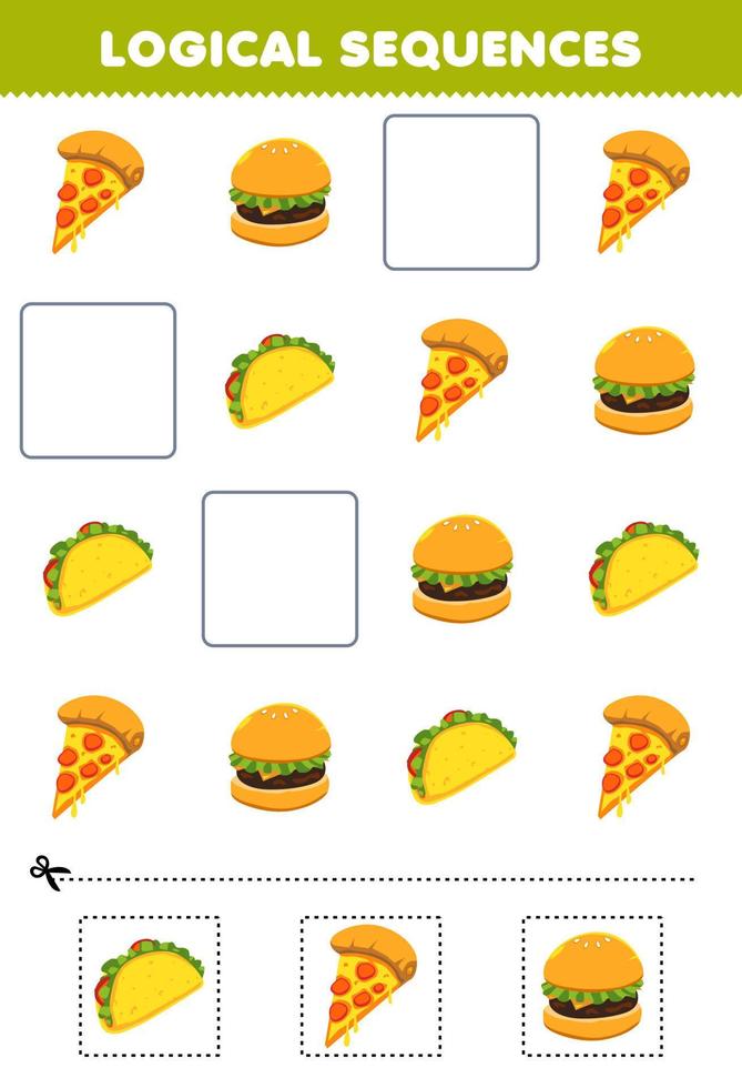 jeu éducatif pour les enfants séquences logiques pour les enfants avec dessin animé mignon pizza burger taco feuille de travail alimentaire imprimable vecteur