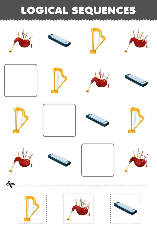 jeu éducatif pour les enfants séquences logiques pour les enfants avec dessin animé cornemuse harmonica harpe imprimable instrument de musique feuille de calcul vecteur