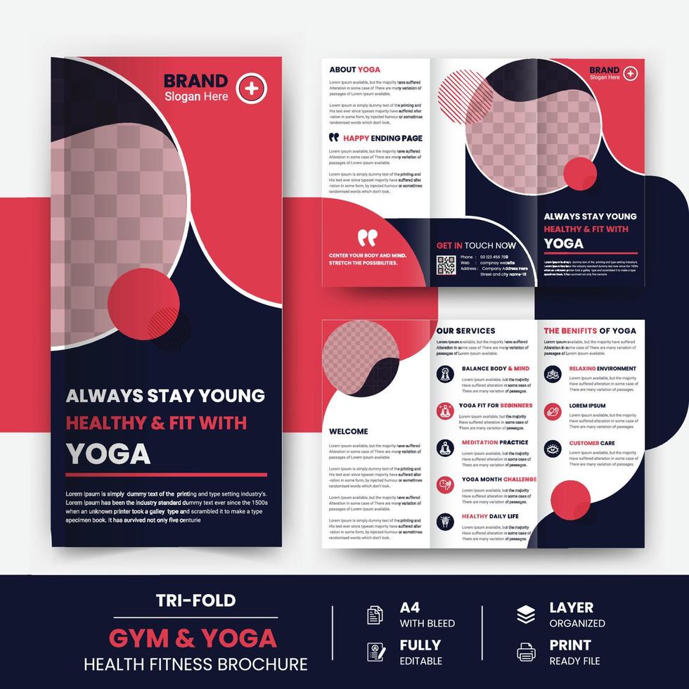 modèle de conception de brochure à trois volets de gym, page de couverture de remise en forme et modèle de conception de dépliant de yoga de brochure. vecteur