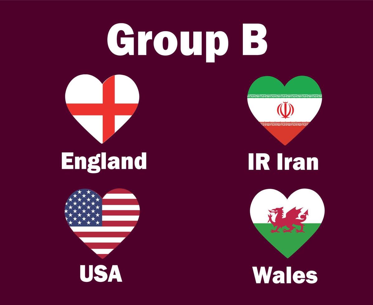 états unis angleterre pays de galles et iran drapeau coeur groupe b avec des noms de pays symbole conception football final vecteur pays équipes de football illustration