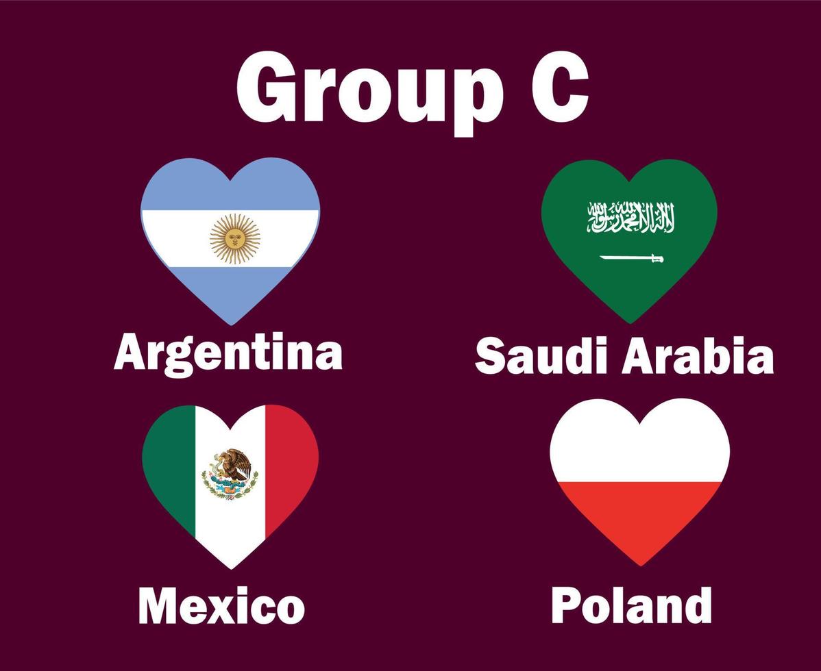 argentine pologne mexique et arabie saoudite drapeau coeur groupe cavec noms de pays symbole conception football final vecteur pays équipes de football illustration