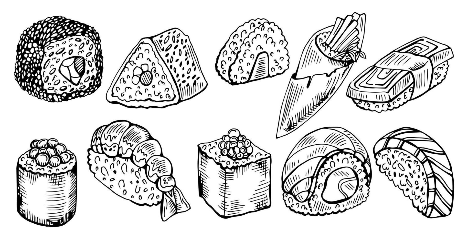illustration vectorielle de croquis dessinés à la main ensemble de menu sushi. cuisine japonaise, chinoise, coréenne, asiatique. wasabi, gingembre, sauce soja, onigiri, riz, poisson, saumon, anguille, avocat, caviar, rouleau, crevette, sashimi. vecteur