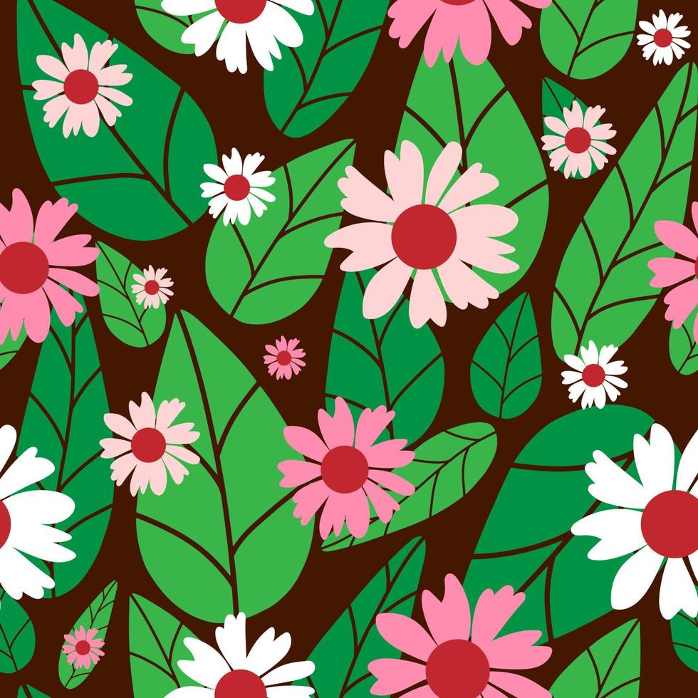 motif floral sans couture. modèle d'impression de tissu botanique. illustration vectorielle avec des fleurs de camomille et des feuilles vertes. vecteur