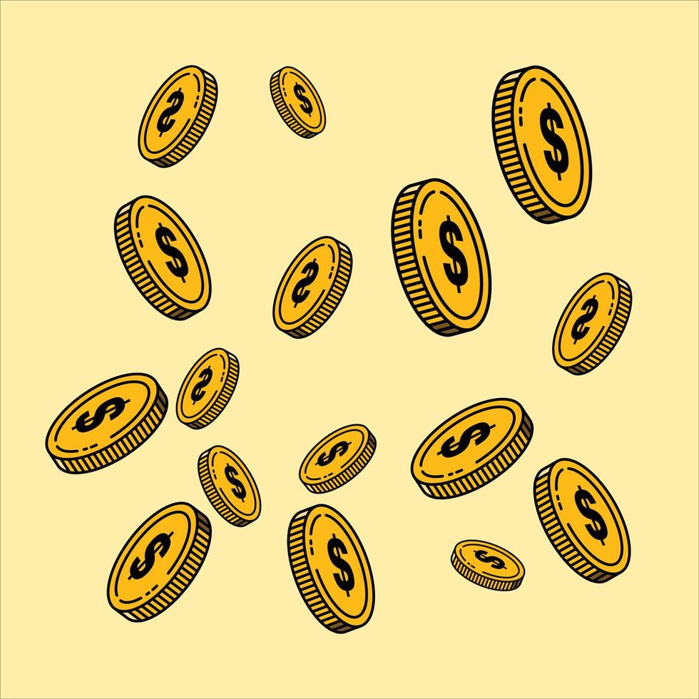 Système de paiement. pièces de monnaie et signes de penny sur fond jaune pastel. Design moderne. notion d'entreprise. liasses d'argent, pièces de monnaie. rendu vectoriel du symbole du dollar 3d. ensemble d'icônes vectorielles 3d liées à l'argent. juridique