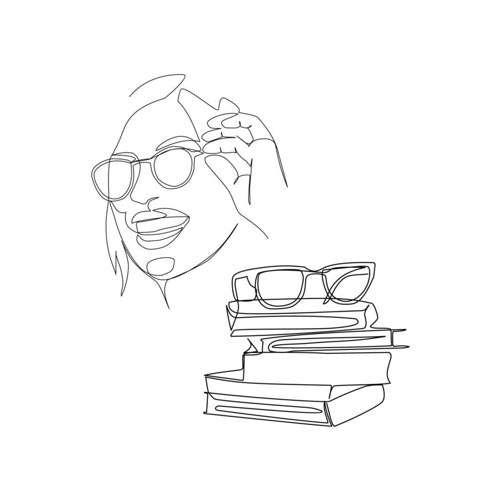 illustration vectorielle d'un portrait d'une fille avec des lunettes et des livres dessinés dans le style de ligne aprt vecteur