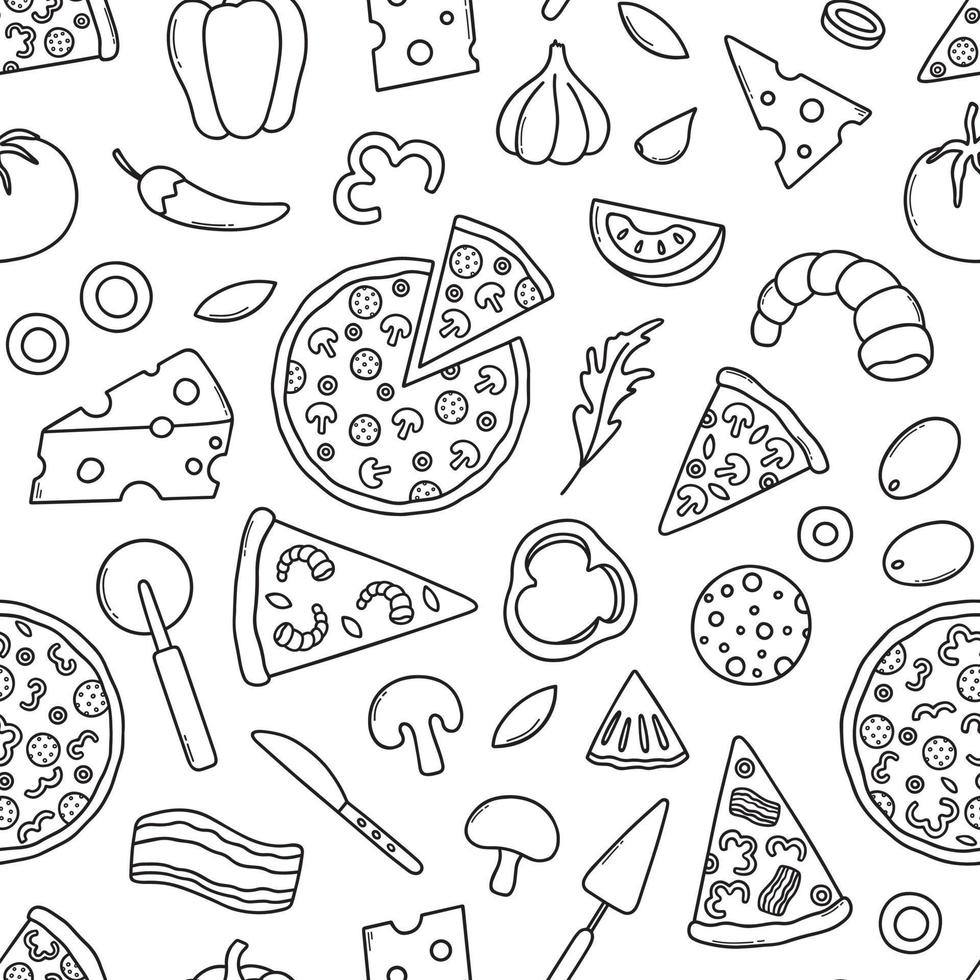 modèle sans couture dessiné à la main de doodle de pizza. différentes tranches de pizza dans le style de croquis. vecteur