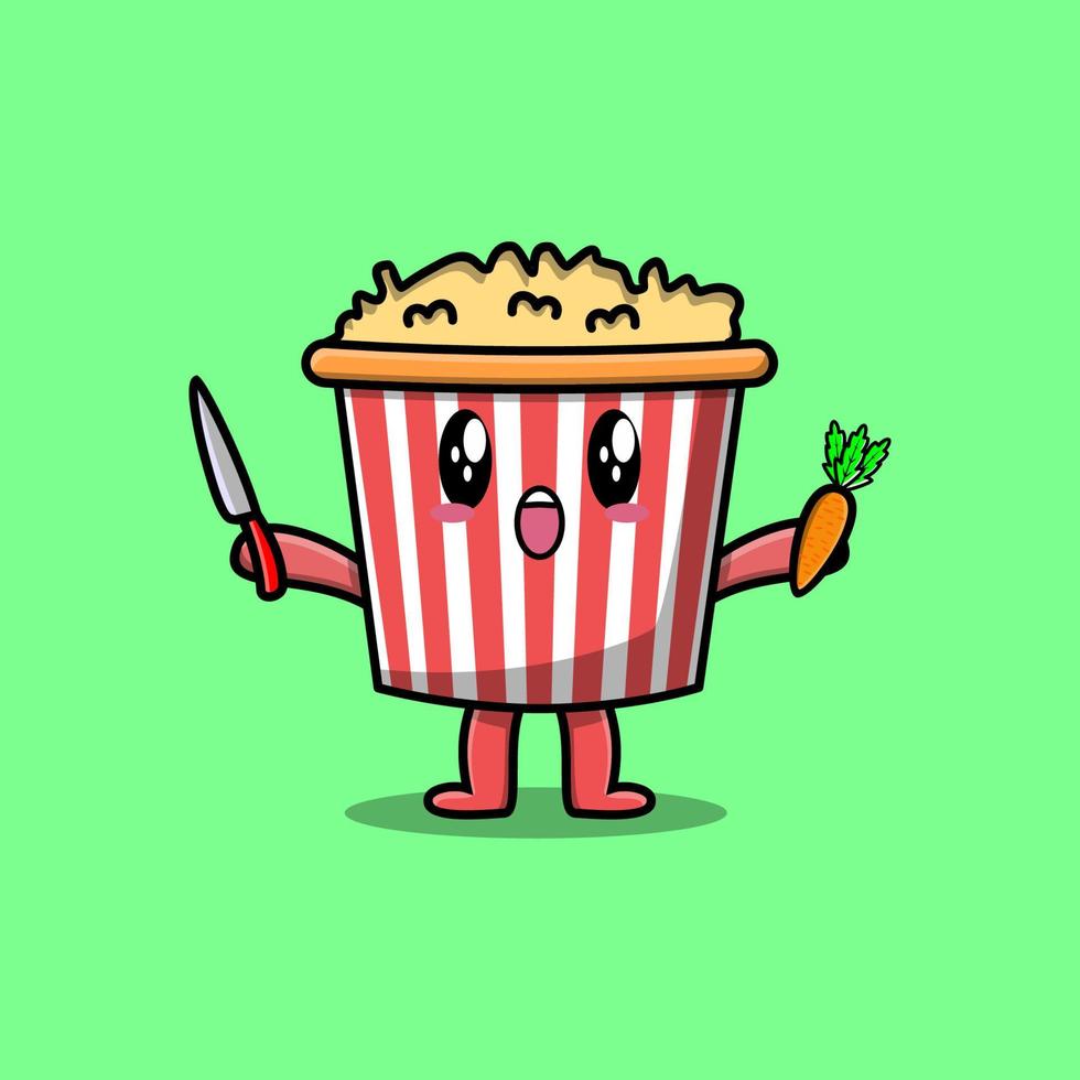 pop-corn de dessin animé mignon tenant un couteau et une carotte vecteur