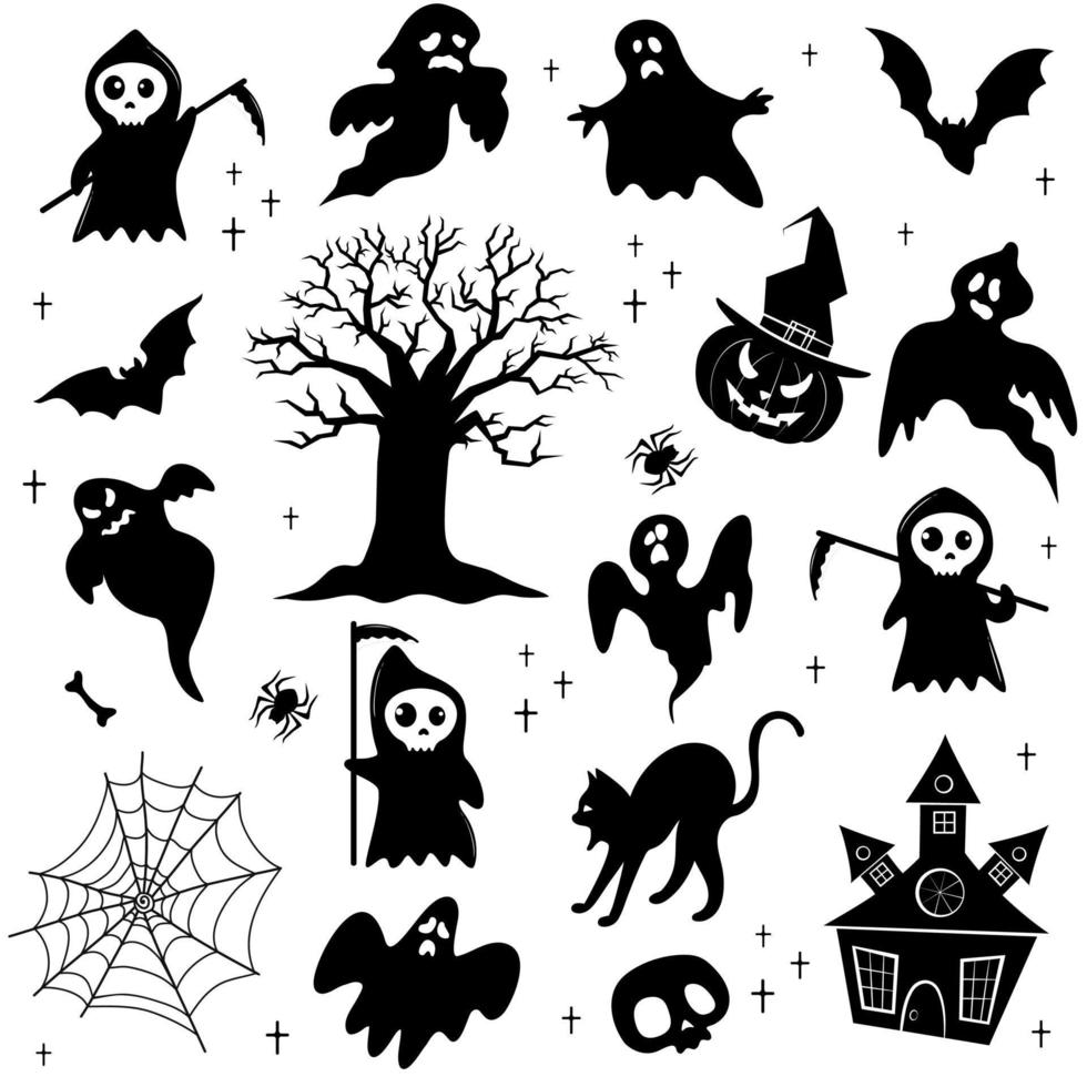 ensemble de silhouettes d'halloween sur fond blanc. vecteur