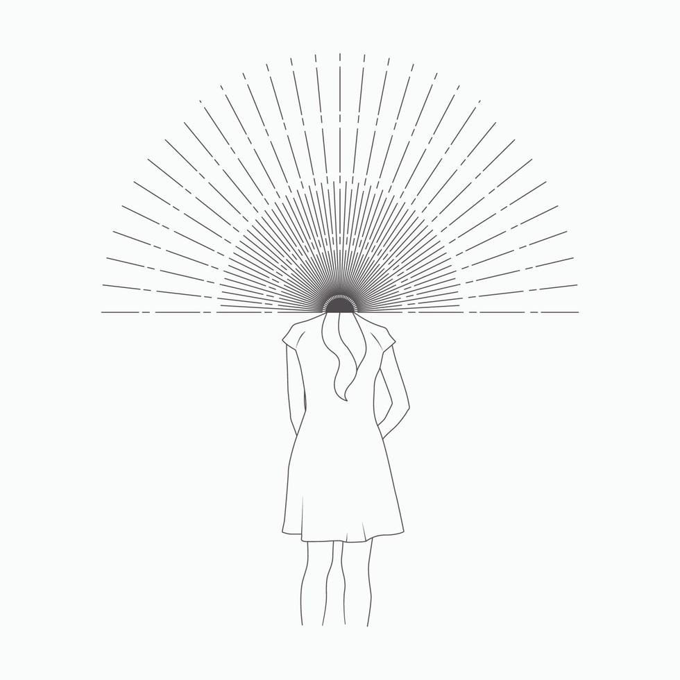 tête de femme avec le lever du soleil symbole de puissance des femmes art linéaire dessin au trait élégant vecteur