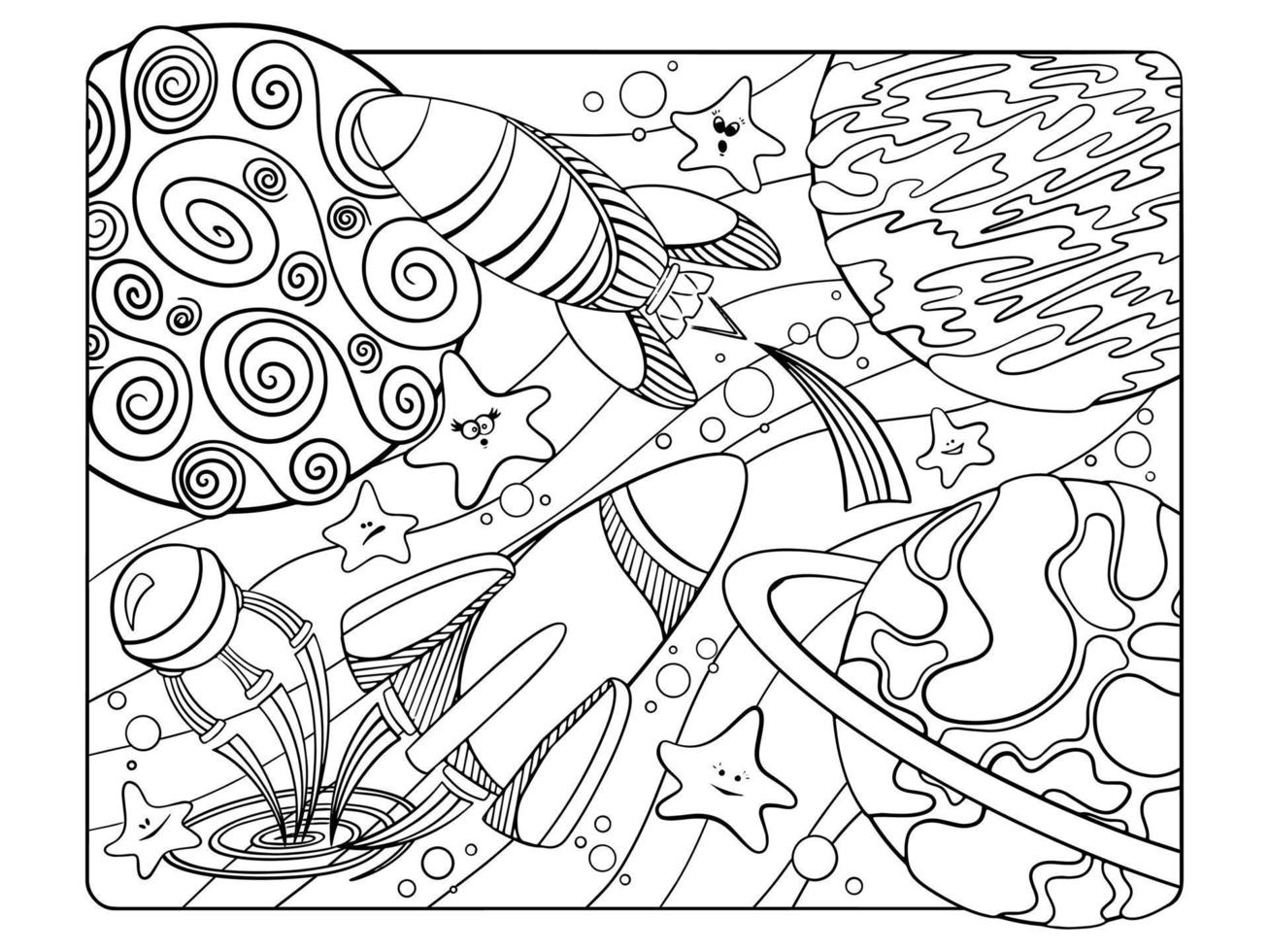 page de coloriage de l'espace avec des fusées, des planètes et des étoiles. anti-stress pour enfants et adultes. vecteur