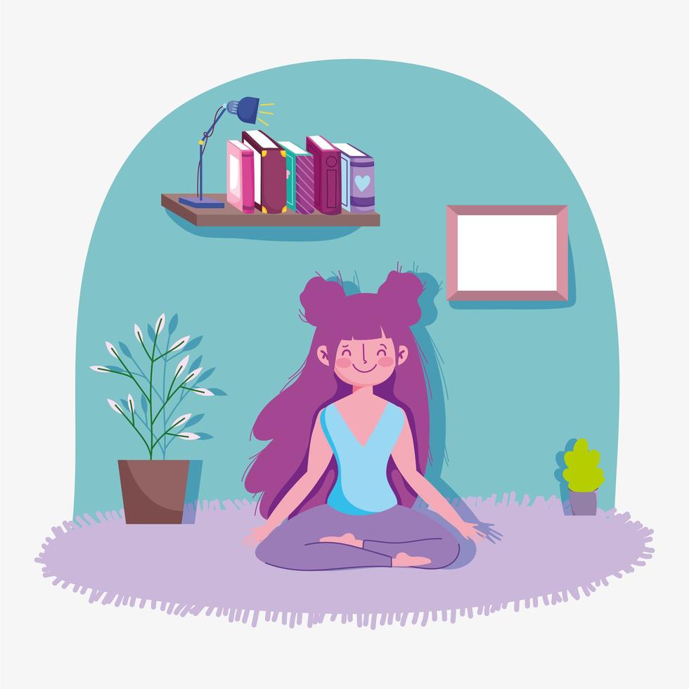 fille heureuse pratiquant le yoga à la maison vecteur