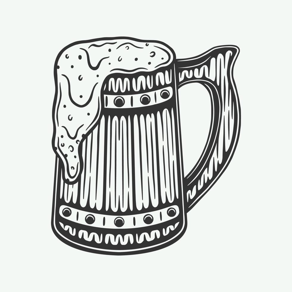 gravure sur bois rétro vintage bière en bois gravure mug. peut être utilisé comme emblème, logo, badge, étiquette. marque, affiche ou impression. art graphique monochrome. illustration vectorielle. vecteur