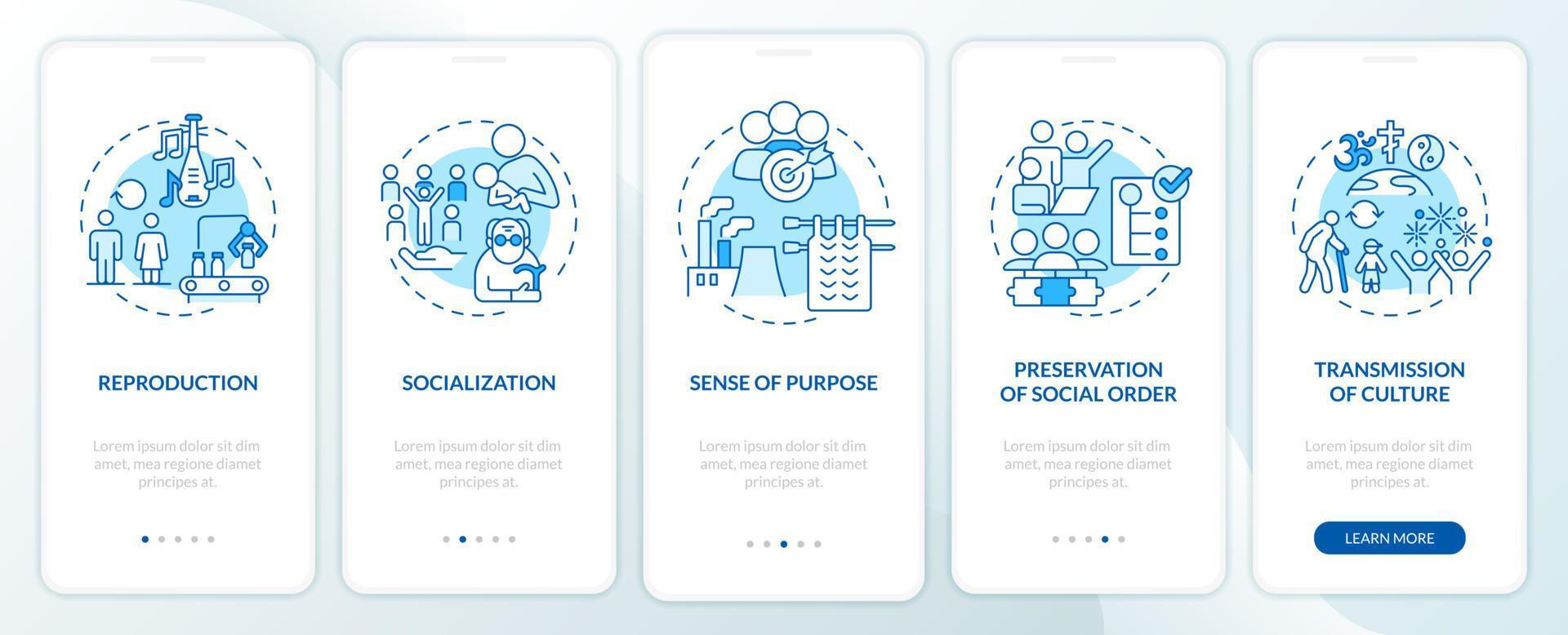 fonctions des institutions sociales écran bleu de l'application mobile d'intégration. pas à pas en 5 étapes pages d'instructions graphiques avec des concepts linéaires. ui, ux, modèle d'interface graphique. vecteur