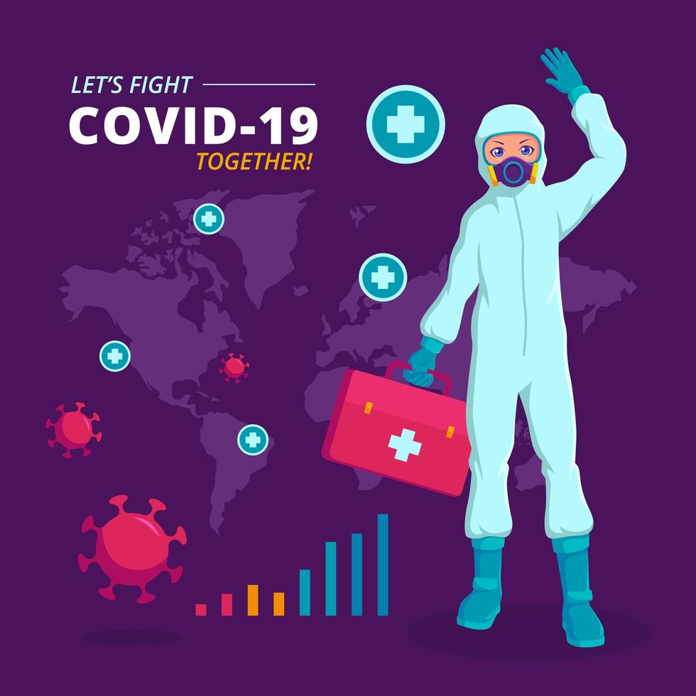 infographie de covid-19 avec un médecin en costume vecteur