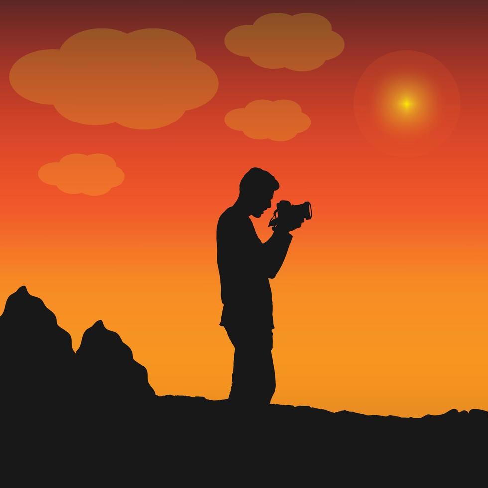 photographe prenant une photo au coucher du soleil avec illustration de paysage vecteur silhouette caméra