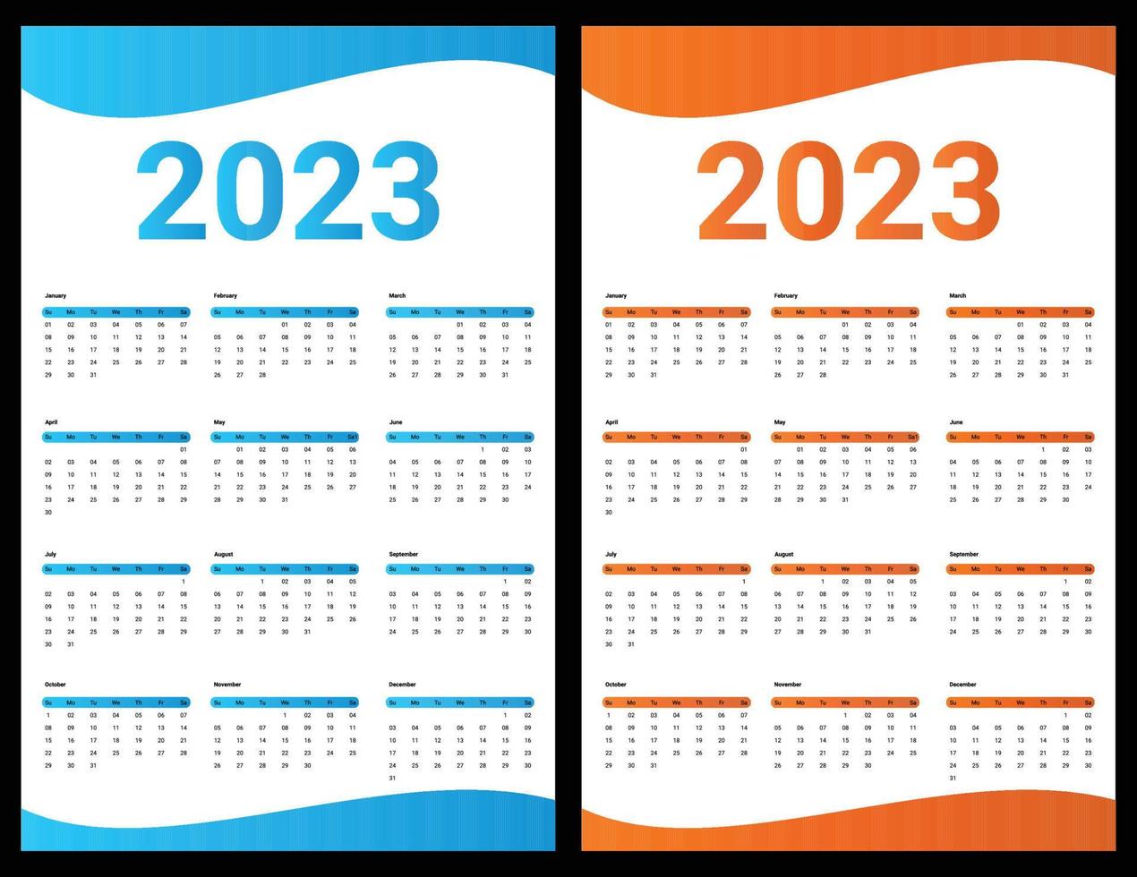 calendrier pour 2023, calendrier d'affiches 2023, modèle de calendrier 2023 vecteur