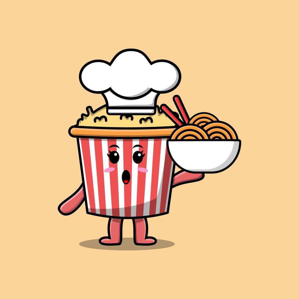 chef de pop-corn de dessin animé mignon tenant des nouilles dans un bol vecteur