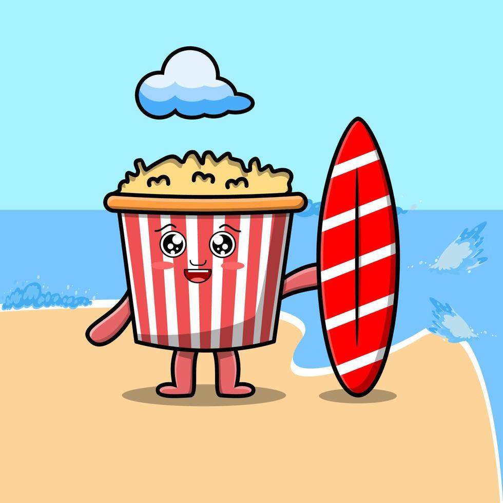 personnage de pop-corn de dessin animé mignon jouant au surf vecteur