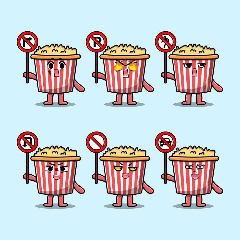 personnage de dessin animé mignon de pop-corn tenir un panneau de signalisation vecteur