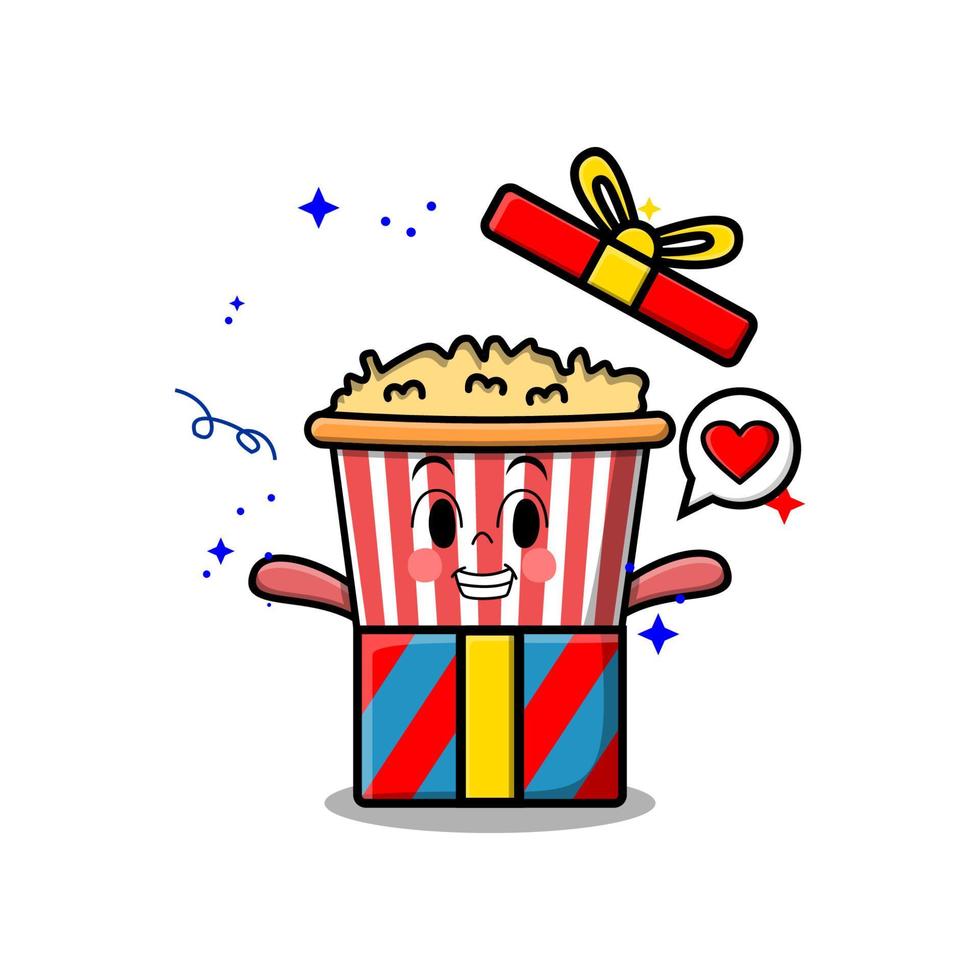 popcorn de dessin animé mignon sortant d'une grande boîte cadeau vecteur