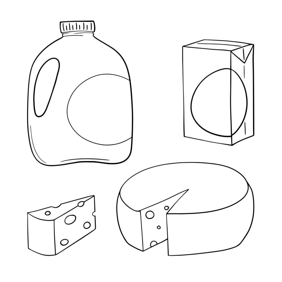 ensemble monochrome d'icônes, produits laitiers, sacs de fromage et de lait, illustration vectorielle en style cartoon sur fond blanc vecteur