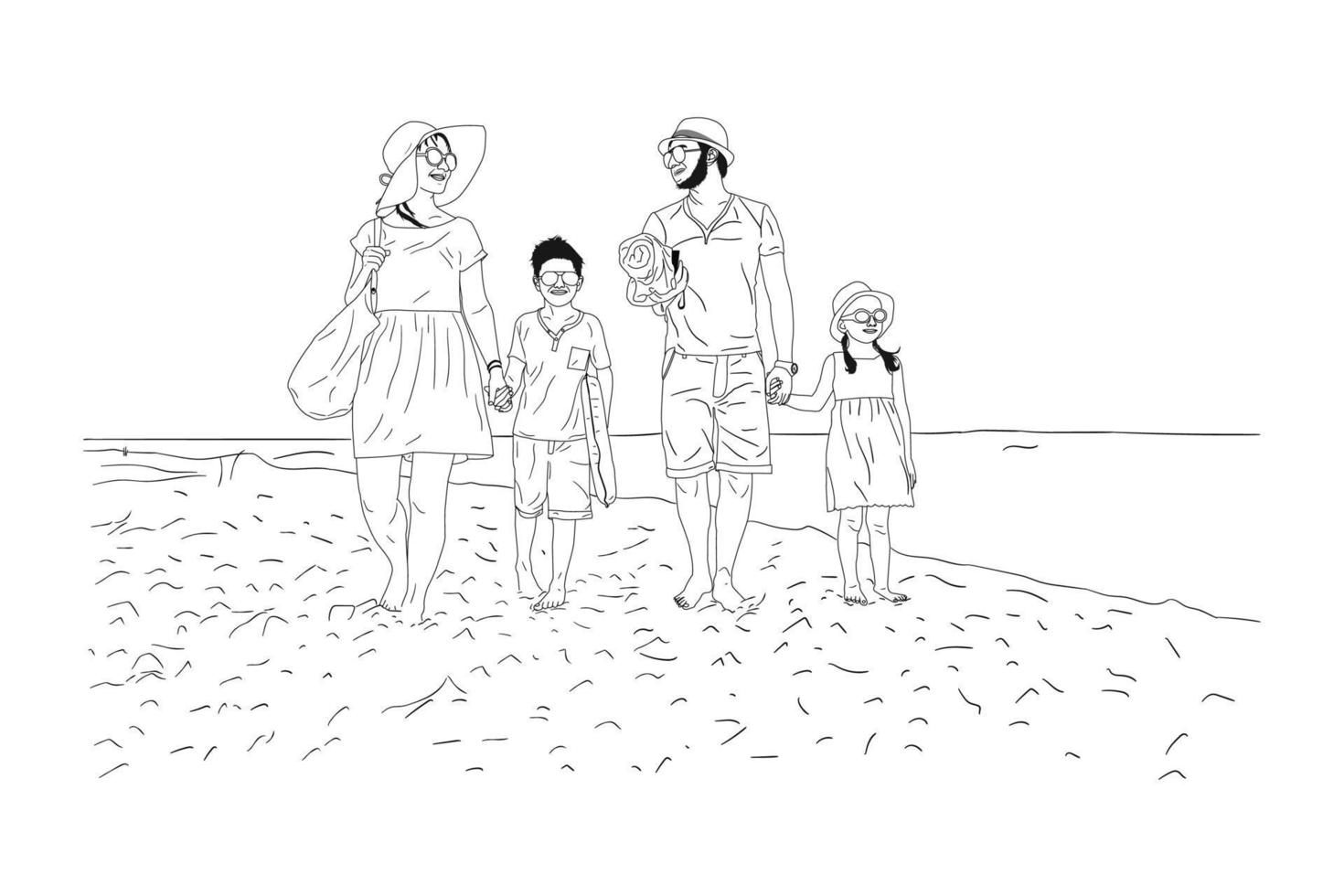 dessin au trait de jeune mère et père heureux conduisant leur fils marchant ensemble, tenant ses mains illustration vectorielle graphique. concept d'éducation parentale. conception moderne de dessin en ligne continue vecteur